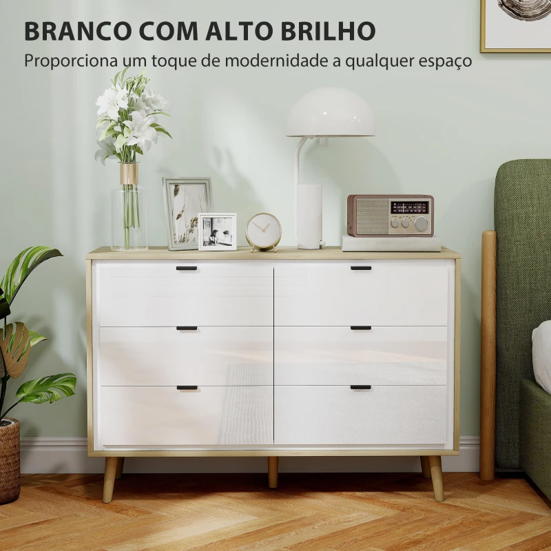 HOMCOM Cómoda 6 Gavetas Cómoda Quarto com Pernas de Madeira Estilo Moderno 110x40x75 cm Branco Brilhante e Carvalho
