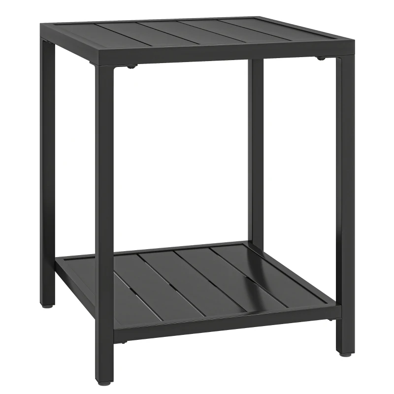 Outsunny Table basse extérieure à 2 niveaux en métal, table de jardin carrée avec étagère de rangement, 45 x 45 x 54 cm, noir