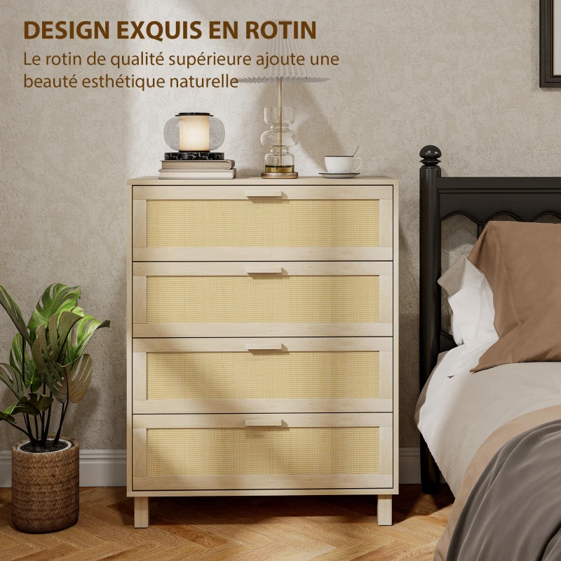 HOMCOM Commode 4 tiroirs cannage en rotin dim. 80L x 40l x 103H cm MDF Aspect Bois Clair