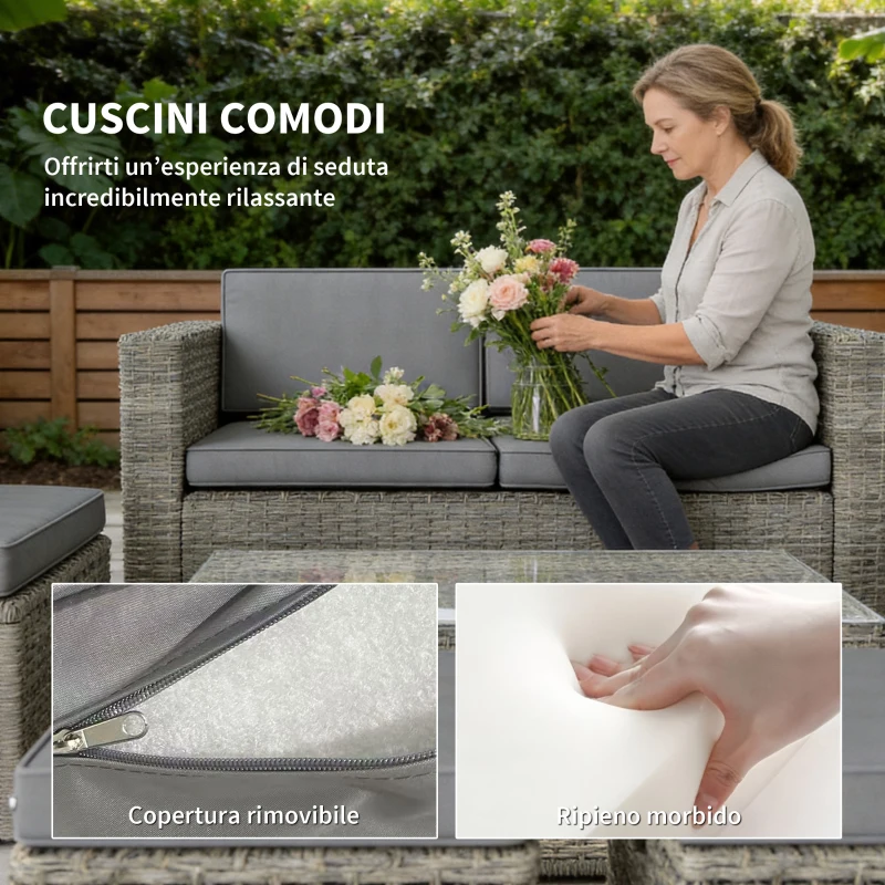 Outsunny Set da Esterno 6pz con Divano, 2 Sedie, Tavolino con Piano in Vetro e 2 Pouf, Grigio Scuro