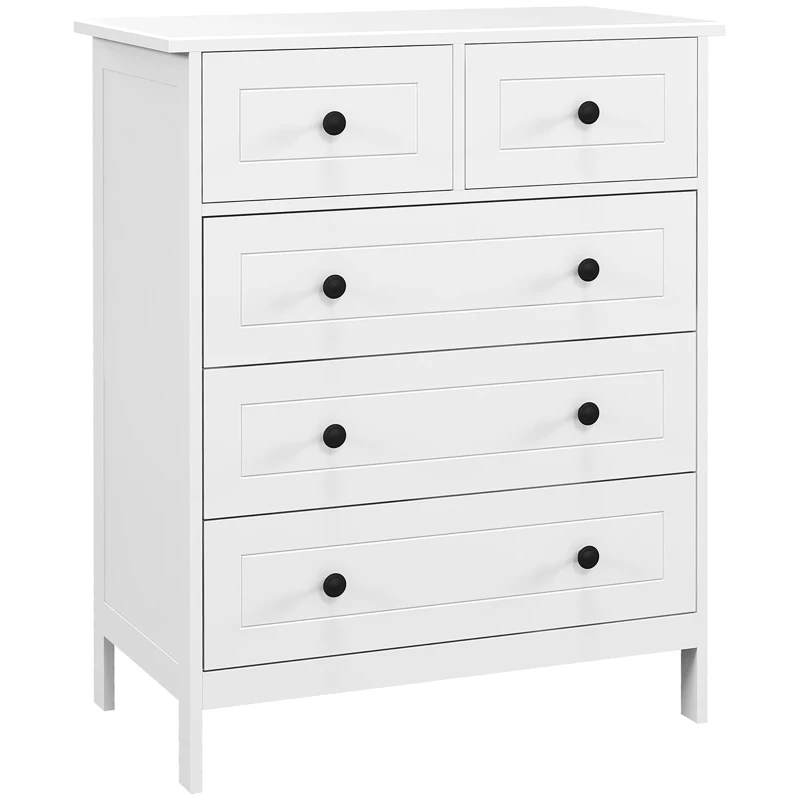 HOMCOM Commode meuble de rangement 5 tiroirs pour chambre, bureau, entrée, blanc et poignée métal noir(m-12)
