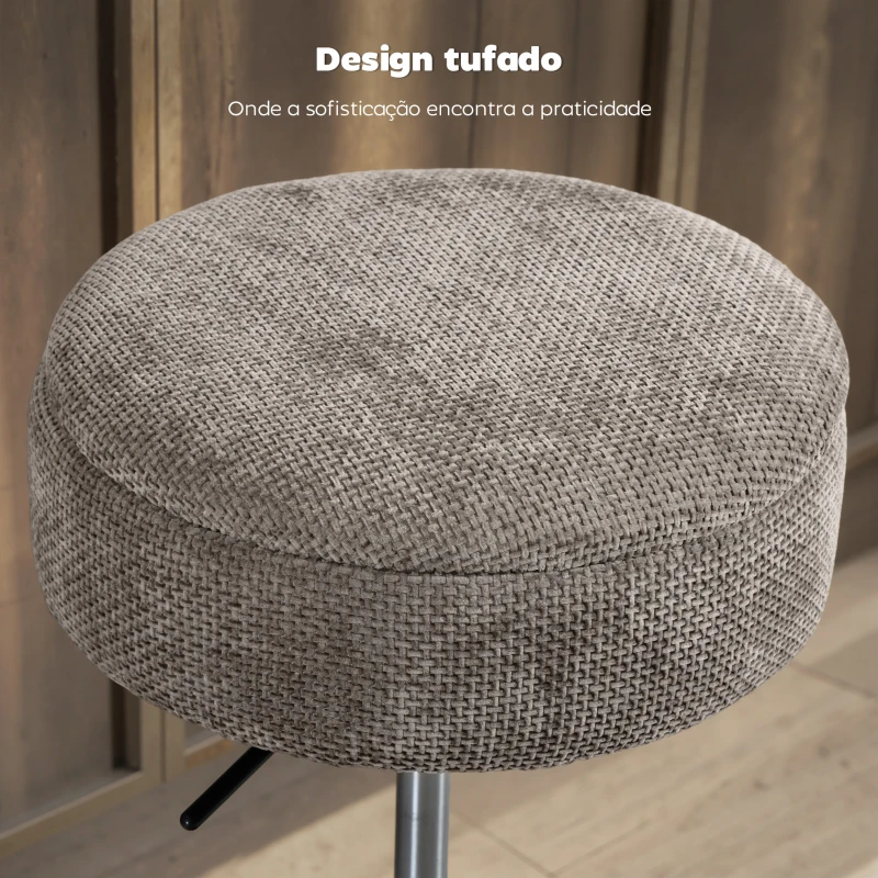HOMCOM Banco de Bar com Armazenamento Altura Ajustável Giratório Estofado em Chenilla 39x39x49-65 cm Cinzento