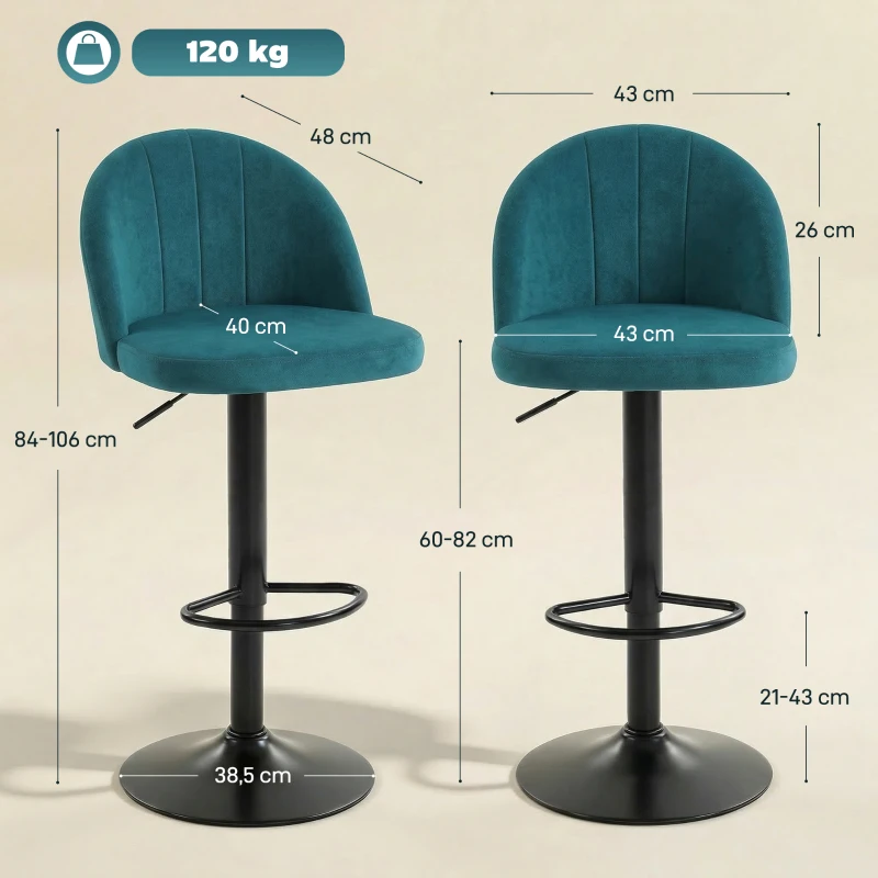 HOMCOM 2er-Set Barhocker, moderne drehbare Hocker mit Fußstütze, Blau