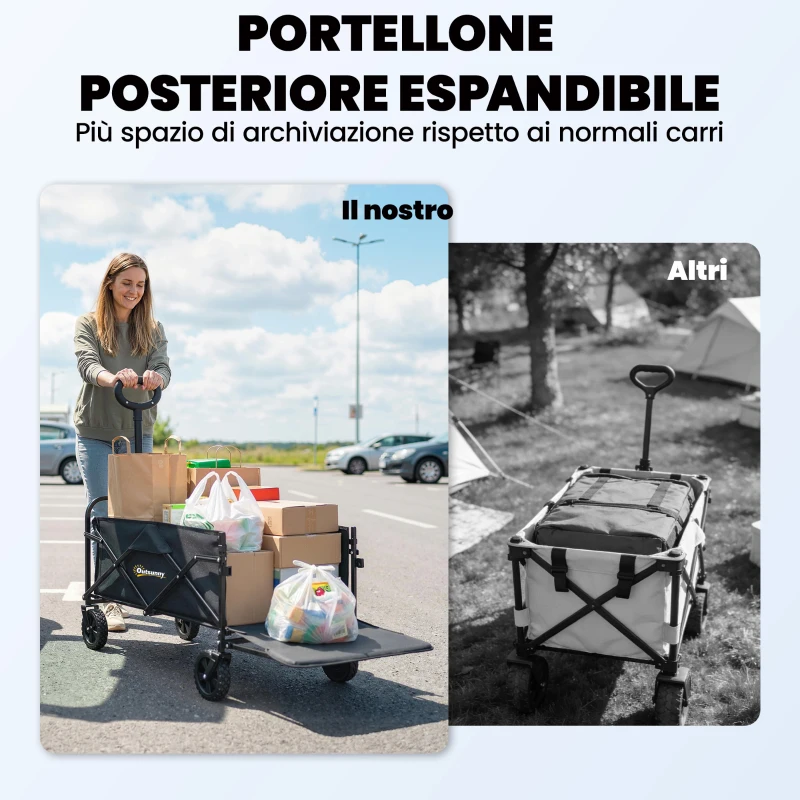 Outsunny Carrello da Giardino 72L Pieghevole con Manico Regolabile, in Acciaio e Tessuto Oxford, 114x46x92 cm, Nero