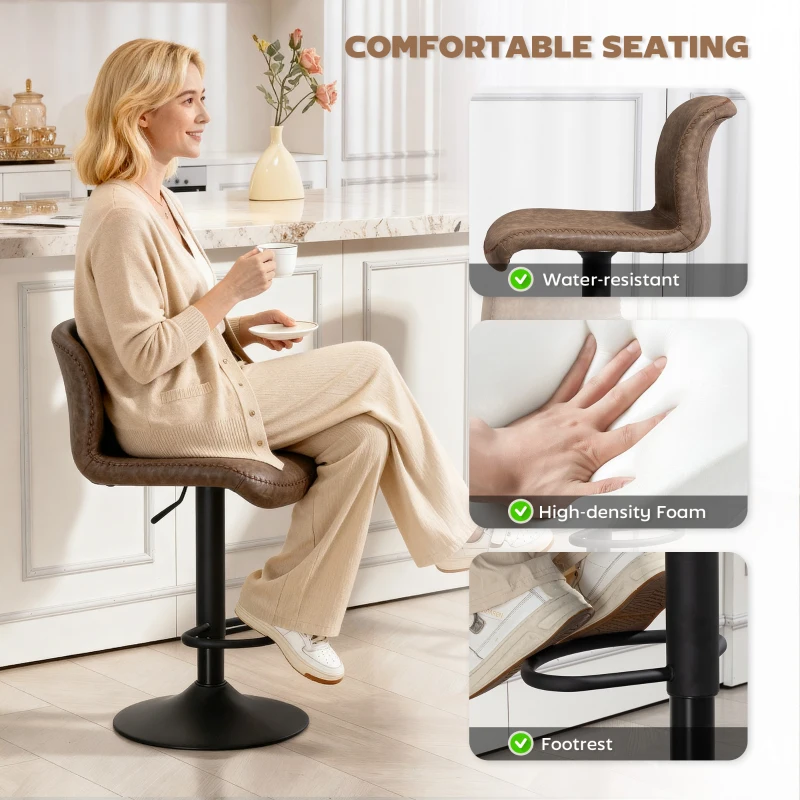 HOMCOM Bar Stools Set of 2, PU Leather Barstools with Backrest and Footrest for Kitchen, Counter, Breakfast Bar, Brown