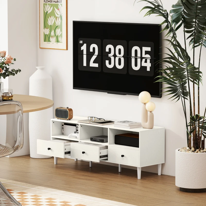HOMCOM Móvel de TV Moderno com 3 Compartimentos Abertos 3 Gavetas para Televisão de 45/55/65 Polegadas 120x34x45 cm Branco