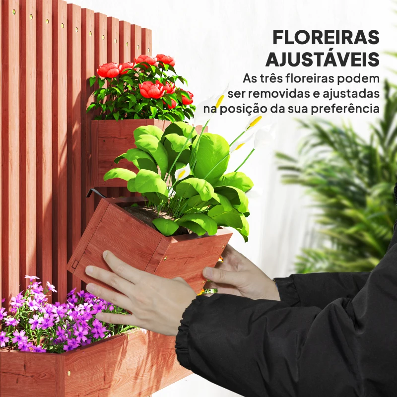 Outsunny Floreira de Parede com Treliça Floreira Vertical de Madeira com 4 Vasos Móveis e Orifício de Drenagem  60x16x80 cm Castanho
