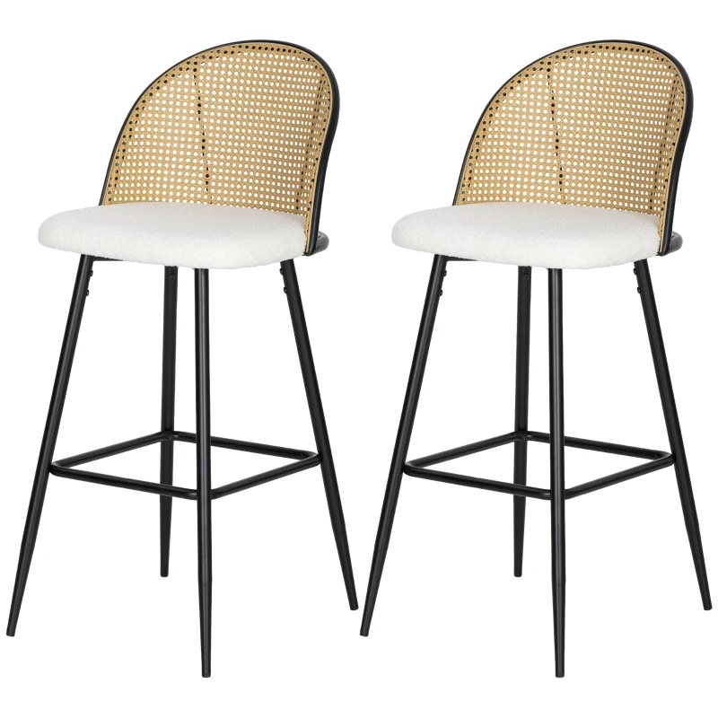 HOMCOM Conjunto de 2 Bancos de Bar Bancos Altos de Cozinha com Encosto de Vime Assento Estofado em Borrego 48x54x102 cm Creme