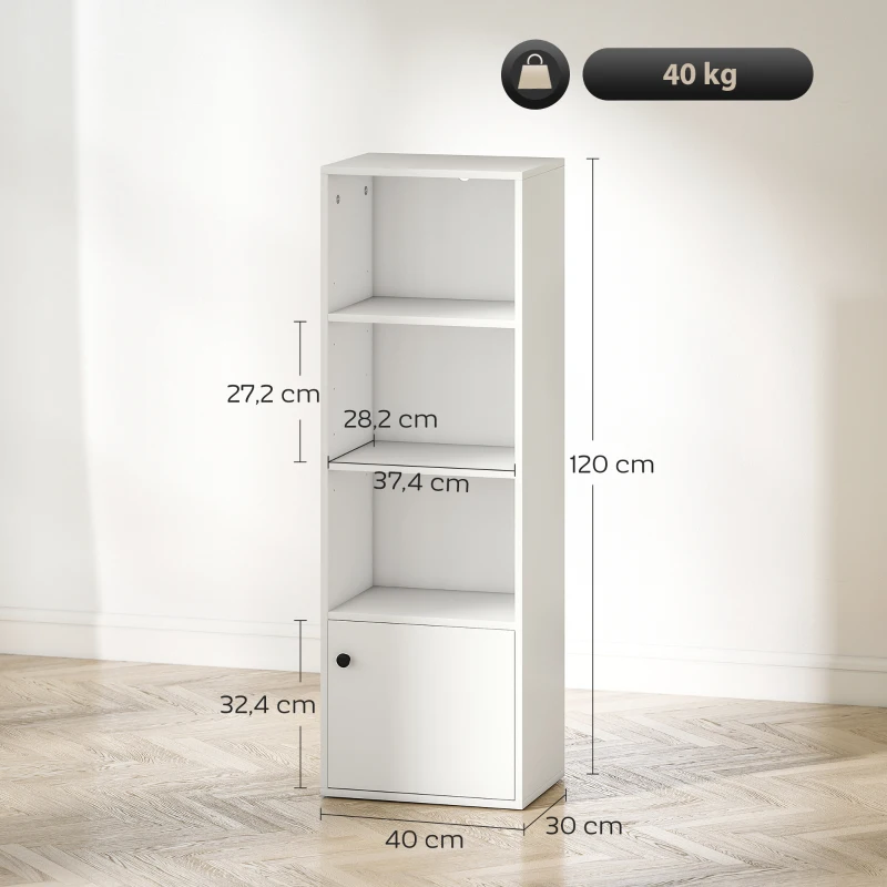 HOMCOM Estante de 4 Níveis Estante para Livros com Prateleiras Ajustáveis e Armário Estante Moderna 40x30x120 cm Branco