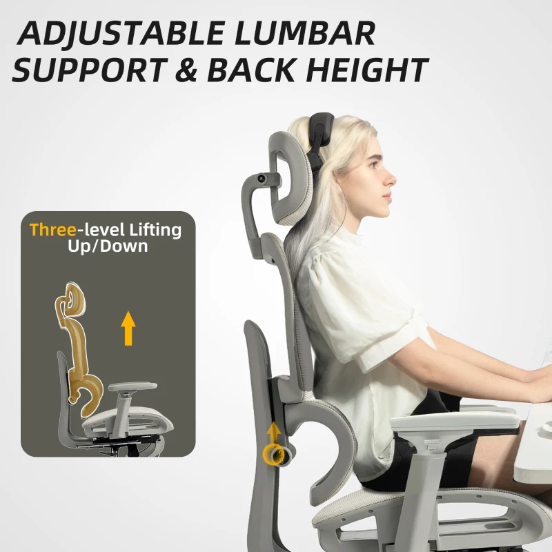 HOMCOM Sedia ufficio ergonomica in rete reclinabile con poggiatesta, Beige