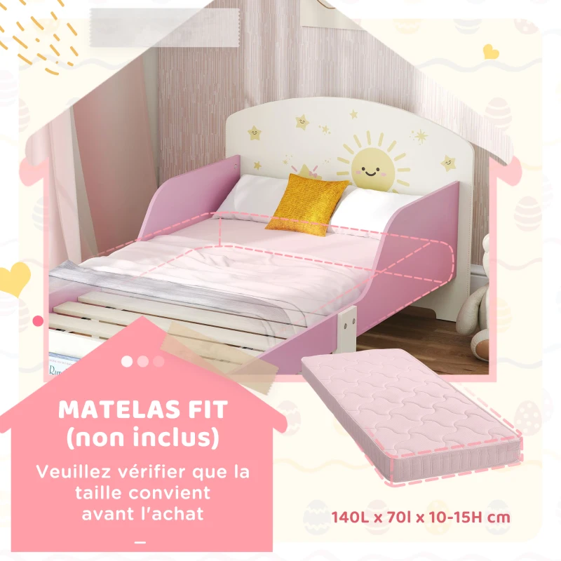 AIYAPLAY Lit enfant 70 x 140 cm, lit pour enfant avec barriere de securite et sommier à lattes, espace de rangement, rose