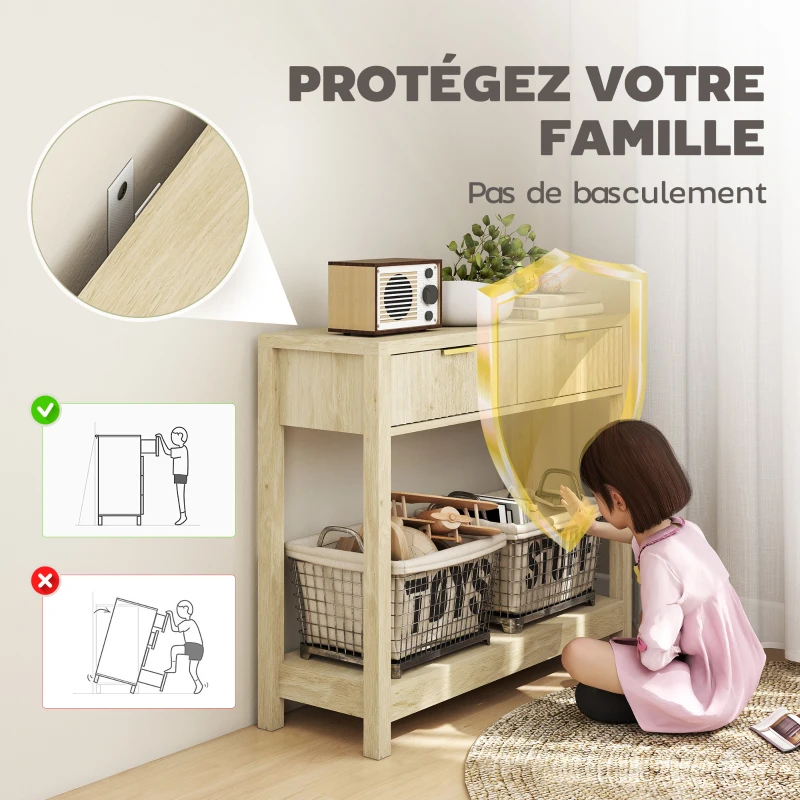 HOMCOM Console meuble 90 cm, table console étroite avec 2 tiroirs rainurés et étagère, style moderne, bois naturel