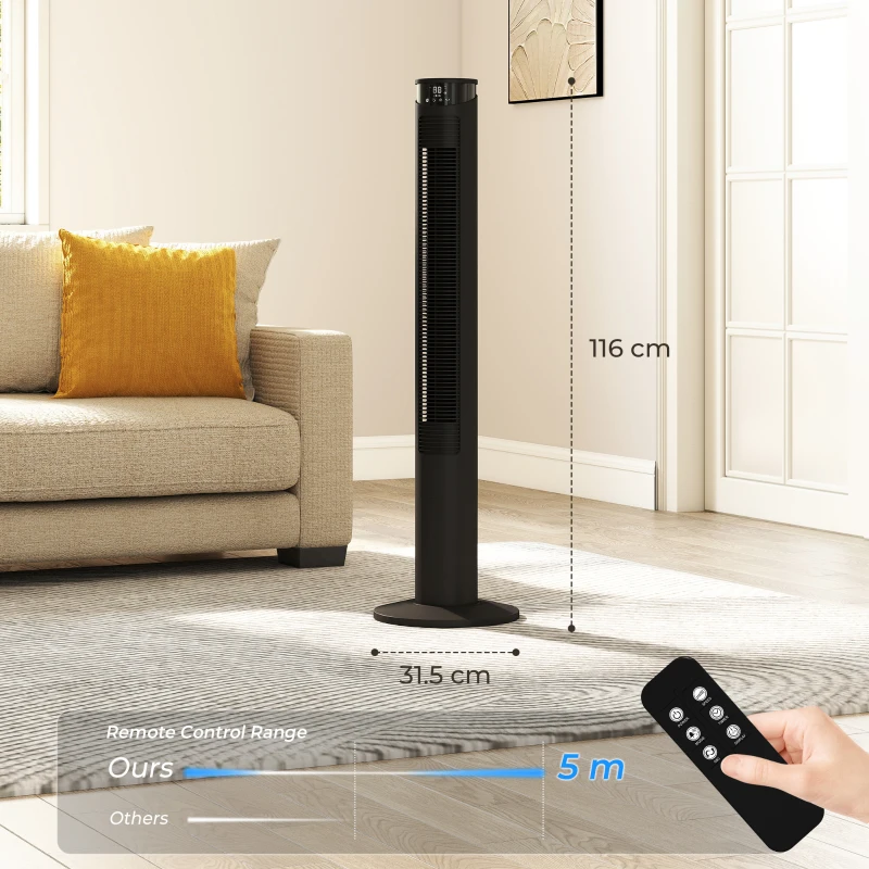 HOMCOM Tower Fan with WiFi Control Standing Floor Fan with Remote Control 116 cm Black