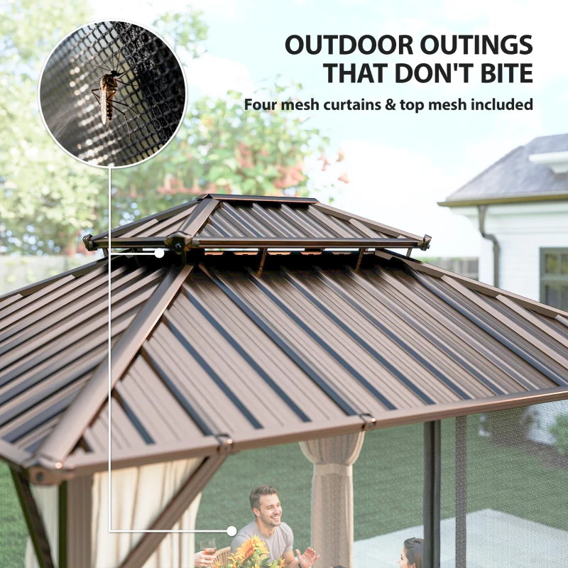 Outsunny 3x3 m Hardtop Gazebo Canopy with UPF50+ Double Galvanised Steel Roof, Aluminium Garden Gazebo Permanent Pavilion, Brown