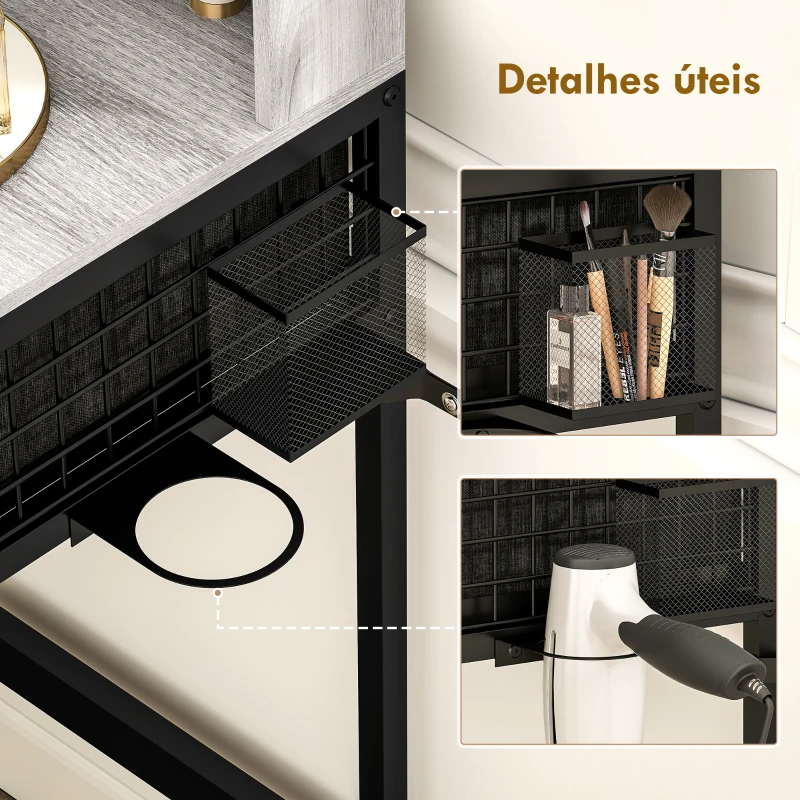 HOMCOM Toucador de Maquilhagem com Espelho Tríptico Removível, Banco Prateleiras e Suporte para Secador 90x40x141 cm Cinzento