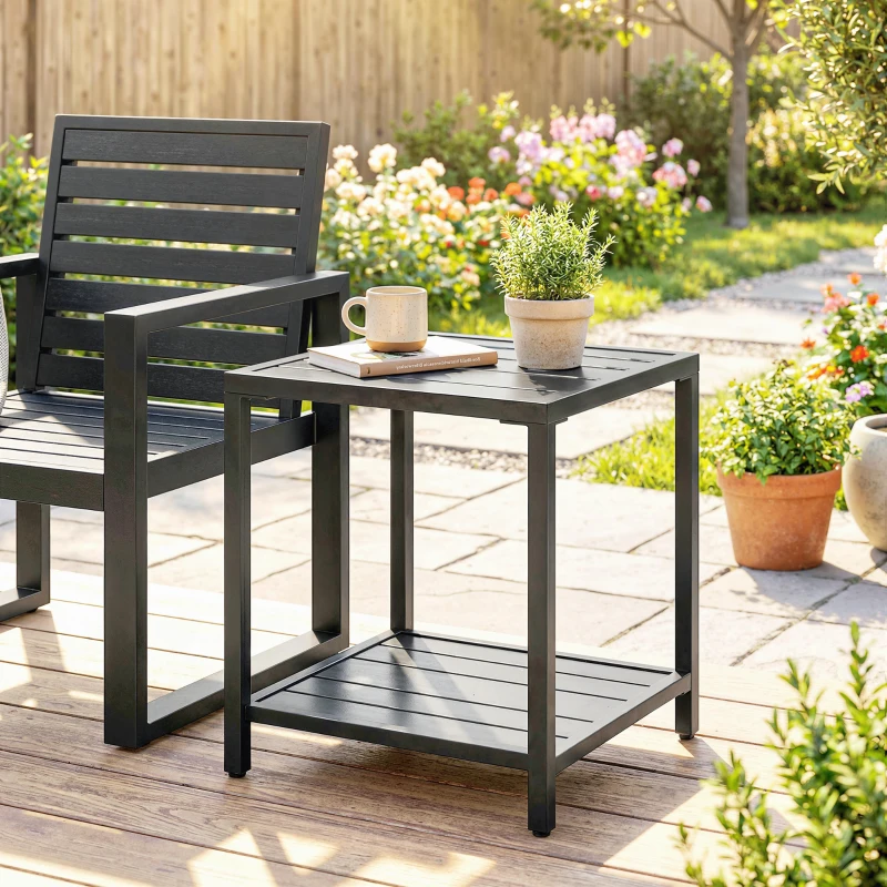 Outsunny Table basse extérieure à 2 niveaux en métal, table de jardin carrée avec étagère de rangement, 45 x 45 x 54 cm, noir
