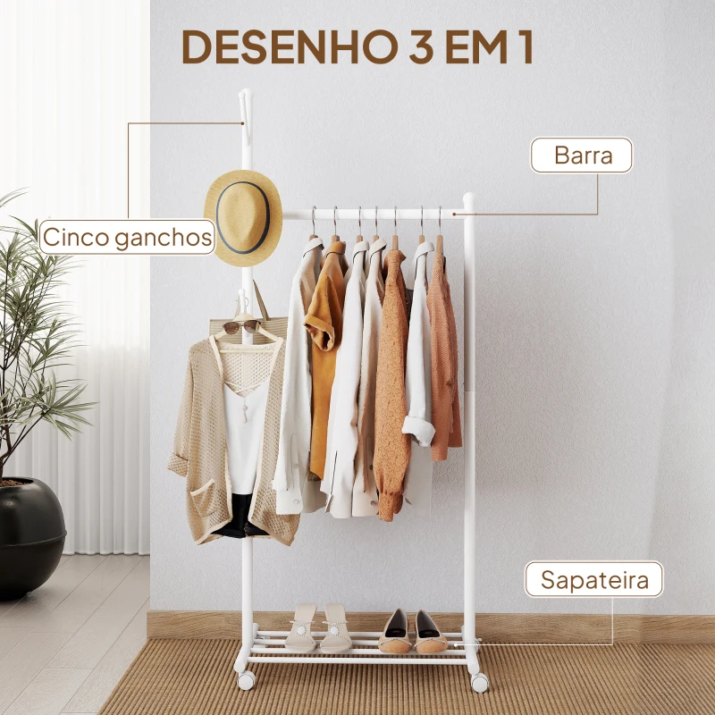 HOMCOM Charriot com Rodas 5 Ganchos Barra para Pendurar e Prateleira Inferior 68x43x171 cm Branco
