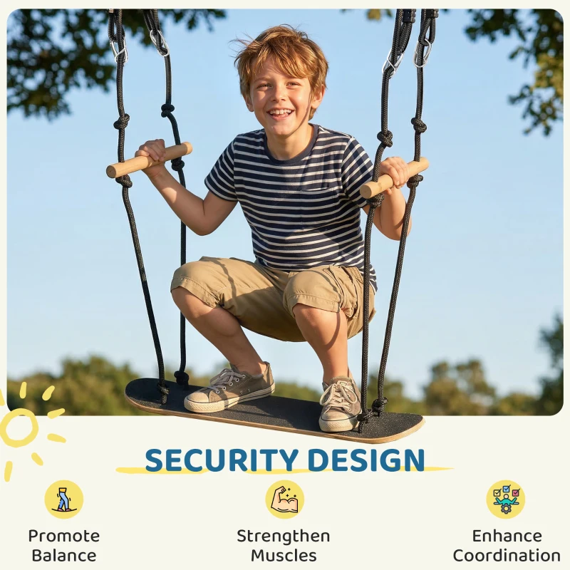 AIYAPLAY Huśtawka deskorolkowa z regulacją wysokości, antypoślizgową deską, wodoodporną liną, uchwytami, Czarna