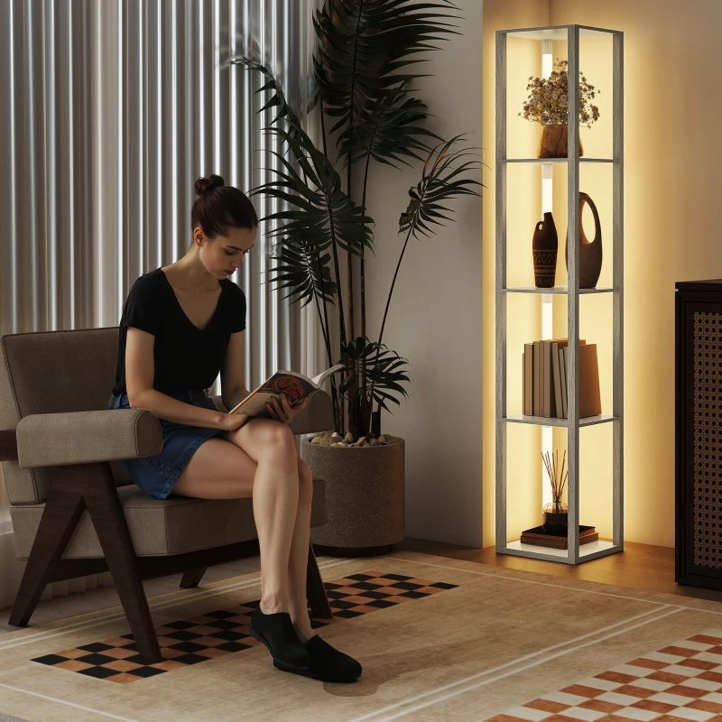 HOMCOM Floor Lamp with Shelves and 3 Brightness Levels - Oak