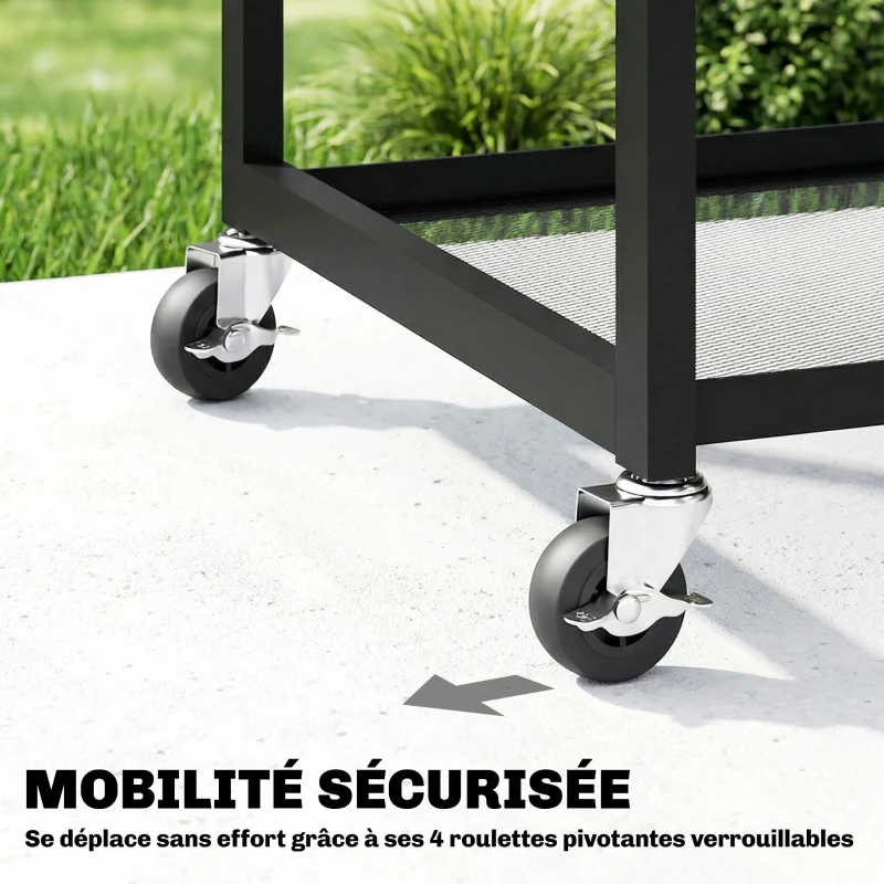 Outsunny Desserte jardin chariot de barbecue sur roulettes avec Plateau Latéral Pliable, Trois Étagères, 133 x 48,5 x 82 cm, Noir