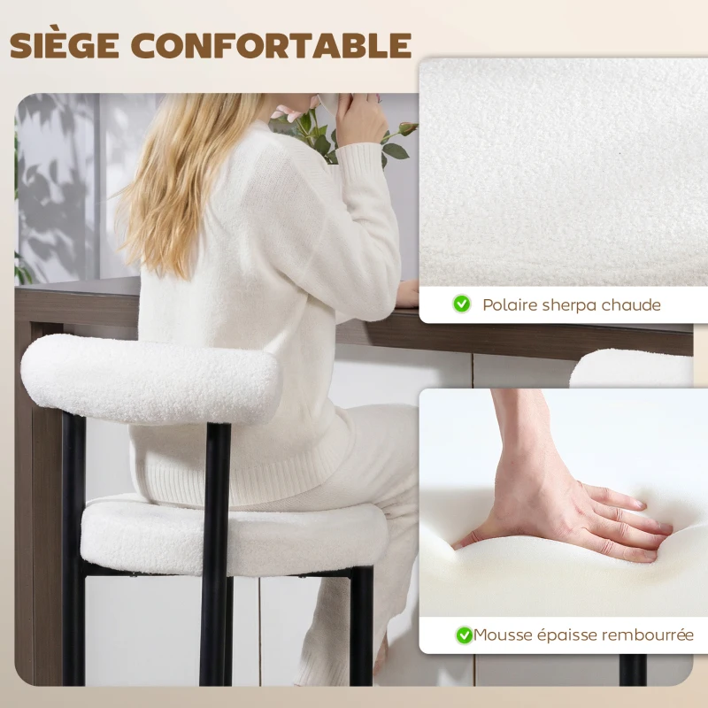 HOMCOM Lot de 2 tabourets de bar, chaises de bar en tissu bouclette avec dossier incurvé, repose-pieds, 50x52,5x98cm, blanc