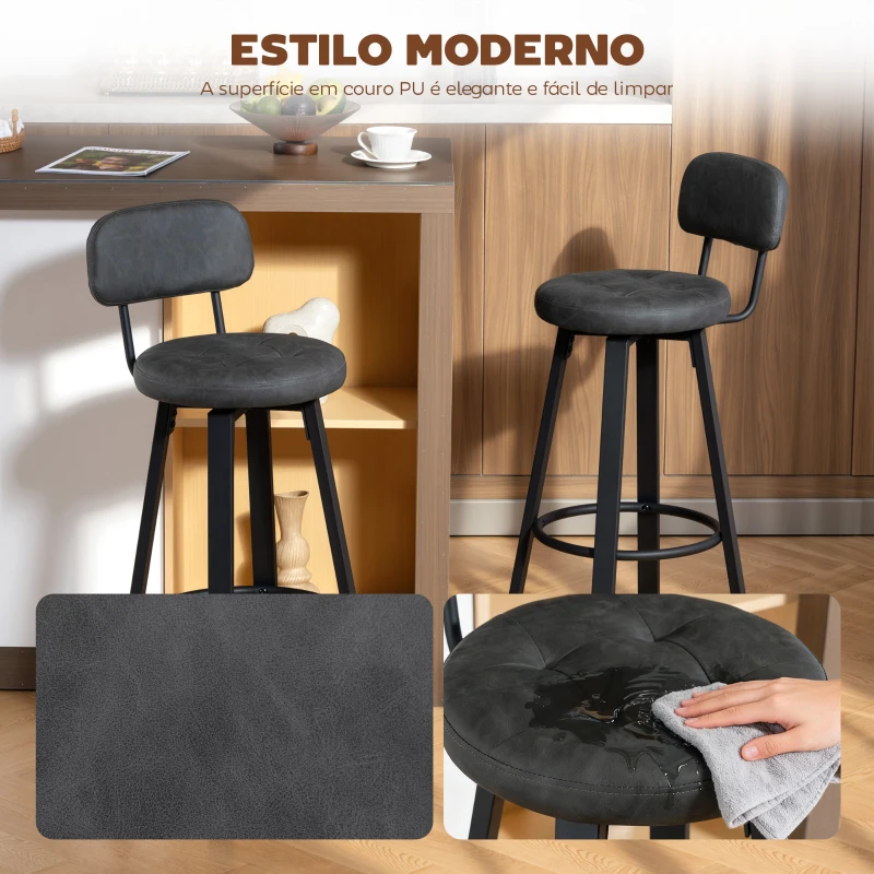 HOMCOM Conjunto de 2 Bancos de Bar Bancos Altos de Cozinha Giratórios Estofados em PU com Apoio para os Pés 35,5x43,5x98 cm Cinzento Escuro