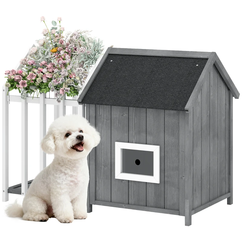 PawHut Niche pour chien extérieur en bois maison chien extérieur avec terrasse, porte à lamelles, 106 x 62,5 x 80,5 cm, gris