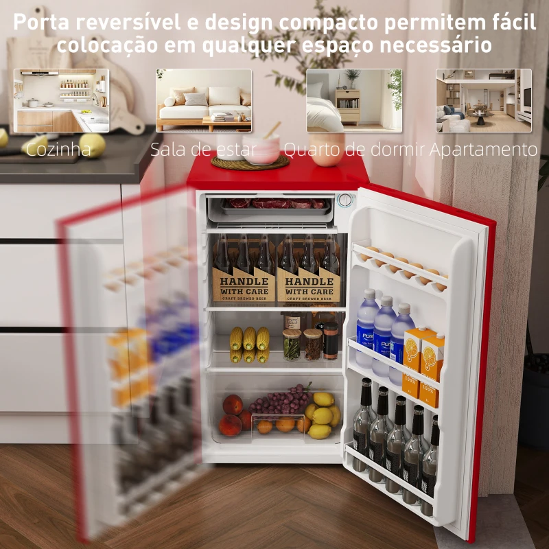 HOMCOM Mini Frigorífico 91L de Capacidade com Prateleira Ajustável Compartimento Congelador Silencioso 41dB 47,5x44,2x84 cm Vermelho