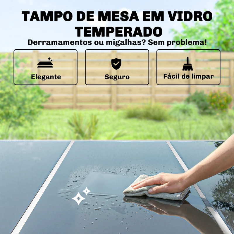 Outsunny Conjunto de Refeição de Jardim 7 Peças com Mesa de Vidro Temperado e 6 Cadeiras Empilháveis Cinzento