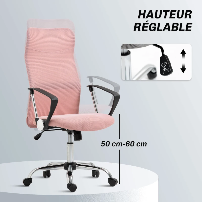 HOMCOM Fauteuil de bureau manager dossier ergonomique hauteur assise réglable pivotant tissu maille 63x65x119109-119cm rose