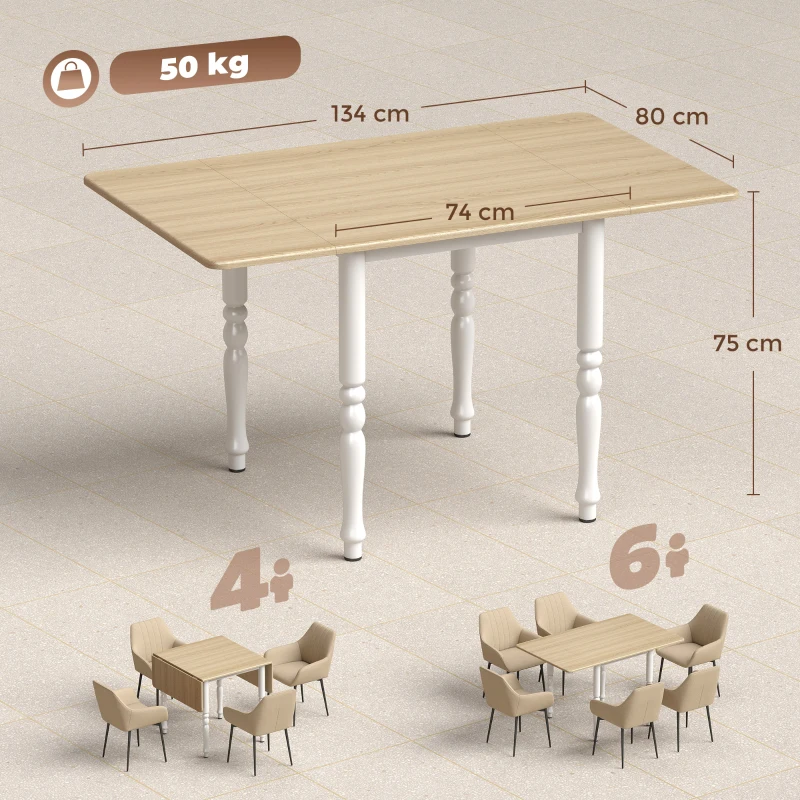 HOMCOM Table à manger pliante pour 4 à 6 personnes 74-134 cm, table de cuisine avec 2 abattants, pieds en acier, bois naturel