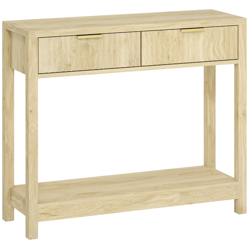 HOMCOM Console meuble 90 cm, table console étroite avec 2 tiroirs rainurés et étagère, style moderne, bois naturel