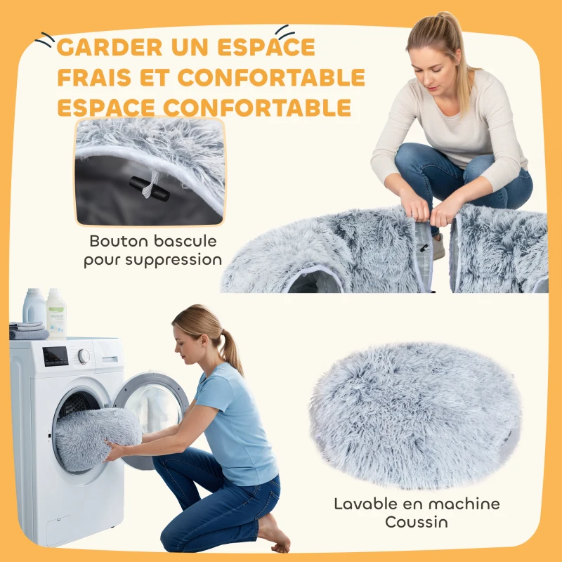 PawHut Tunnel pour Chat Intérieur avec Lit de Chat en Forme de Donut, Coussin Circulaire Lavable, 90x80x27cm, Gris Clair