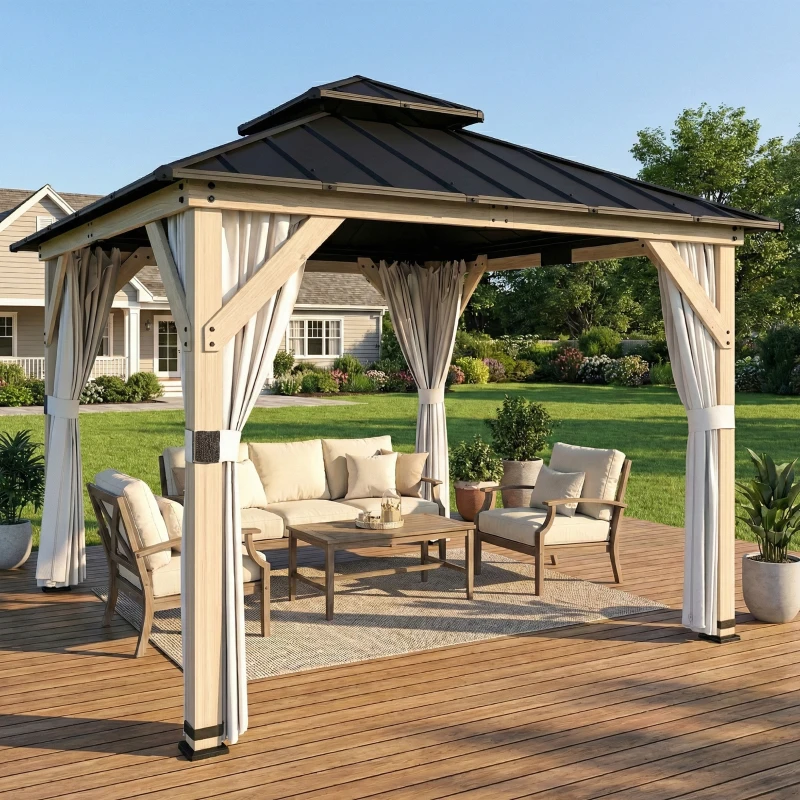 Outsunny 3 x 3 m Outdoor Hardtop Gazebo Canopy with 2-Tier Steel Roof, Wood Garden Gazebo with Curtains, Light Grey