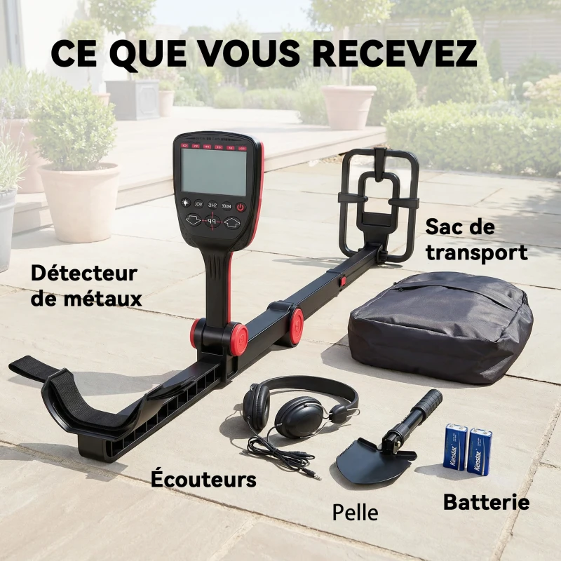 Outsunny Détecteur de Métaux, Bobine Étanche IP68 avec Écran LCD, 4 Modes, Haute Précision Hauteur Réglable, 139x26x30cm, Noir