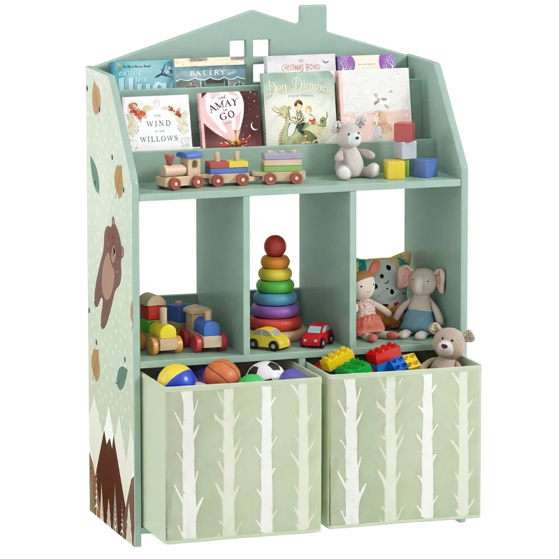 AIYAPLAY Scaffale Portagiochi Bambini in Legno FSC, 2 Contenitori Rimovibili in Tessuto e Ripiani, per Cameretta, Verde