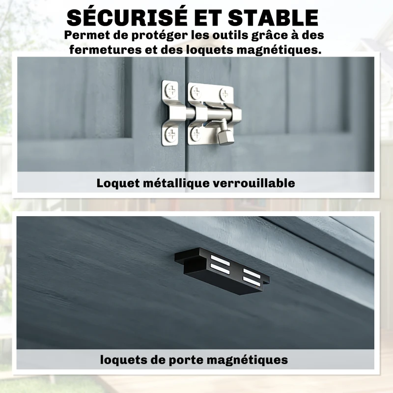 Outsunny Armoire de jardin, armoire extérieure de rangement en bois avec 2 portes verrouillables, 2 étagères et 10 crochets, gris