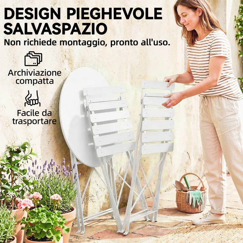 Outsunny Set Bistrò da Esterno Pieghevole con Tavolo e 2 Sedie, Bianco