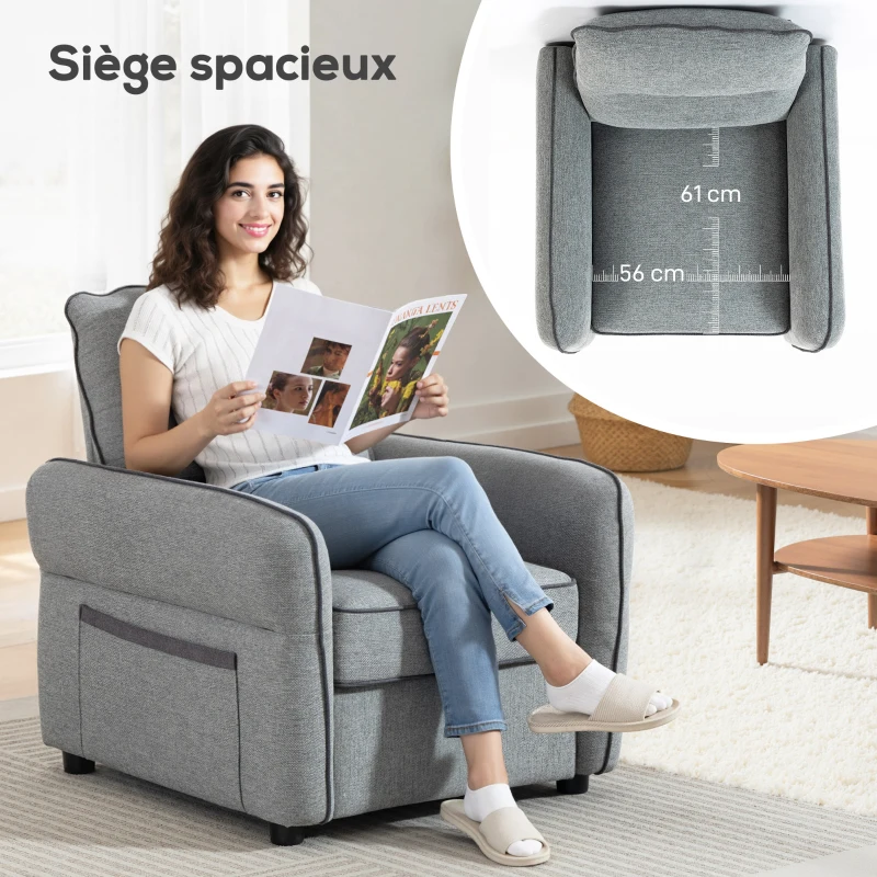 HOMCOM Canapé 1 place, canapé de salon en velours égyptien, poche latérale, 80 x 81 x 90 cm, gris