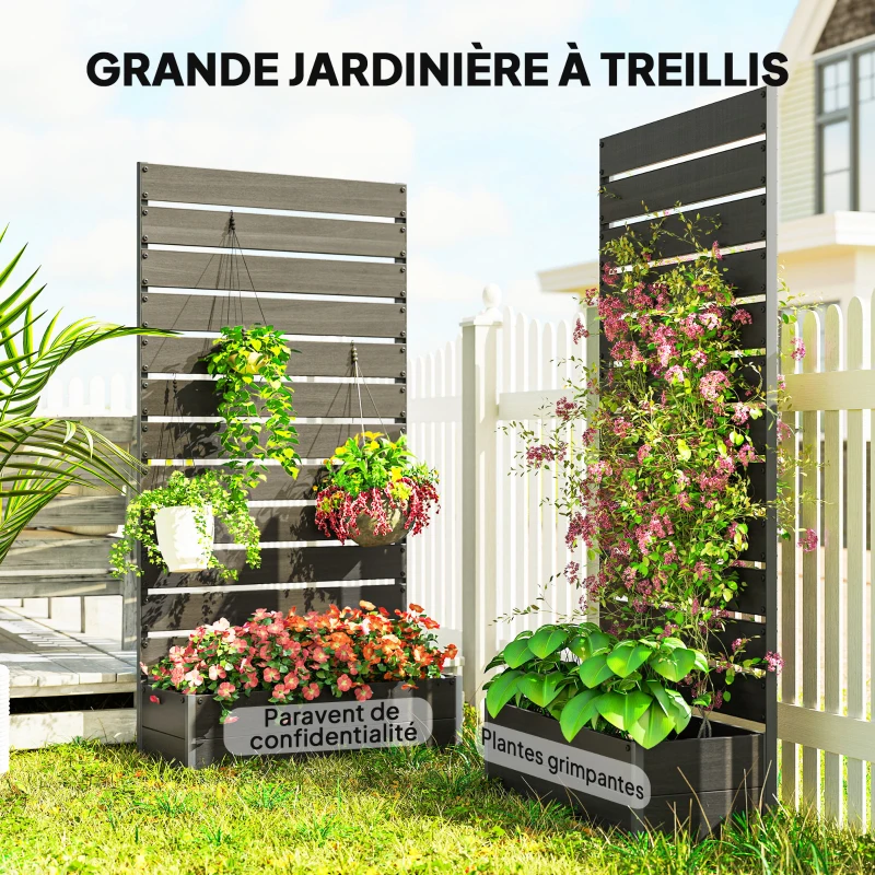 Outsunny Jardinière surélevée avec treillis pour plantes grimpantes bac à fleurs de 64L, composite bois-plastique et aluminium