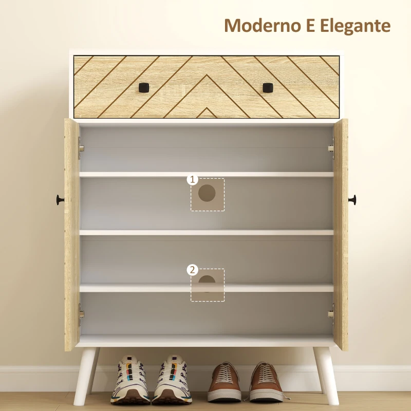 HOMCOM Sapateira de 2 Portas com Design em Espiga Prateleiras Ajustáveis Gaveta para 12 Pares de Sapatos 75x35x97 cm, Branco e Madeira