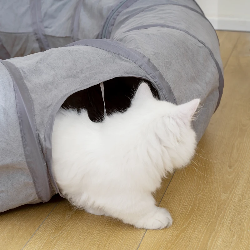 PawHut Tunnel pour chat intérieur rond tunnel avec lit et coussin, pliable, avec trous pour balles et judas, Ø 90 x 27 cm gris
