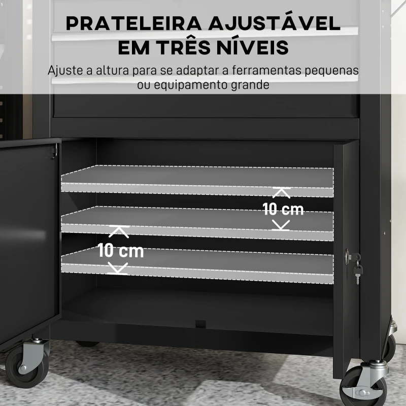 HOMCOM Carrinho de Ferramentas com 3 Gavetas e Painel de Perfurado Fechadura com Chave Prateleira Ajustável 2 Rodas com Travão de Bloqueio 69x33x133 cm Preto