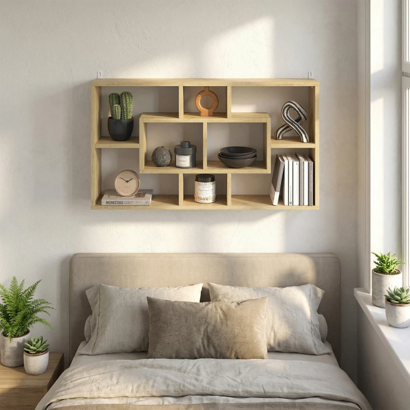 HOMCOM Estante de Parede Decorativa para Livros CDs com 8 Cubos 85x14,5x47,5 cm Carvalho
