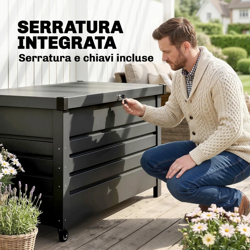 Outsunny Cassa 350L, Box Metallo con Coperchio Bloccabile, Ruote, Maniglie Laterali, Grigio