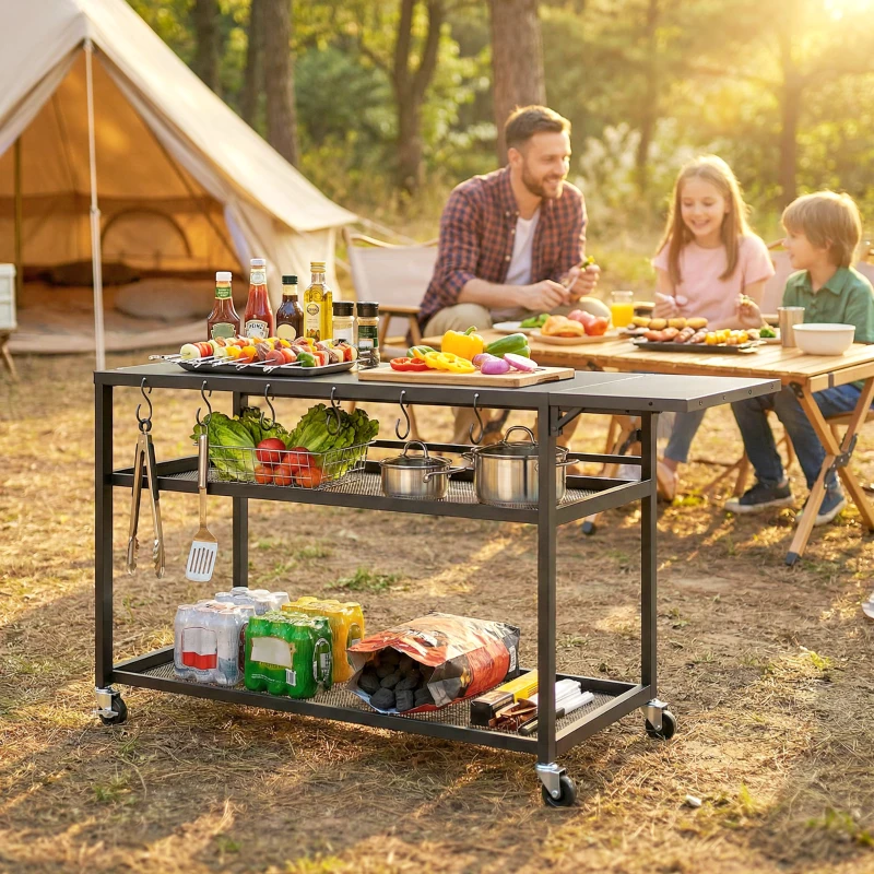 Outsunny Desserte jardin chariot de barbecue sur roulettes avec Plateau Latéral Pliable, Trois Étagères, 133 x 48,5 x 82 cm, Noir