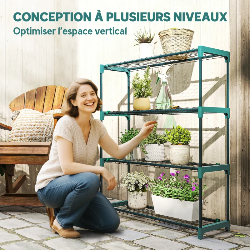 Outsunny Lot de 2 Étagères à Plantes 4 Niveaux Intérieur Extérieur, Supports pour Plantes en Métal, 90 x 28 x 104 cm, Vert