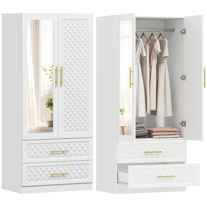 HOMCOM Roupeiro com Espelho 2 Portas e 2 Gavetas Relevo de Diamante Barra para Pendurar Estilo Moderno 80x50x180 cm Branco