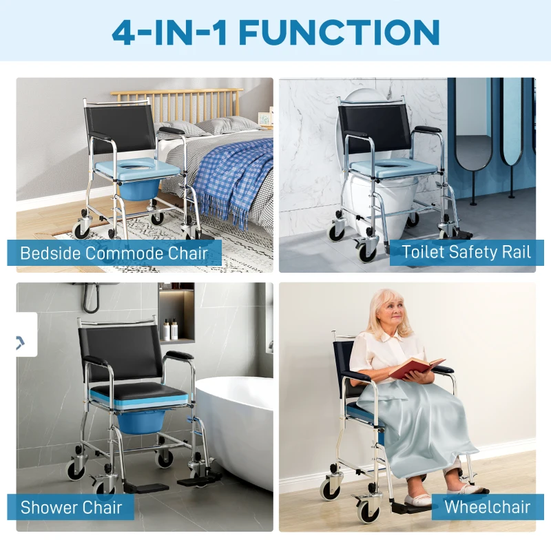 HOMCOM 3-In-1 Commode Wheelchair - Black