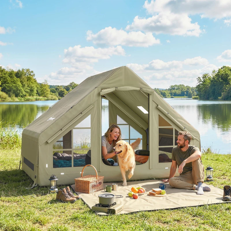 Outsunny Inflatable Camping Tent with Pump and Stove Jack Hole, Luxury Inflatable Tent with Mesh Windows, Doors, Olive Green